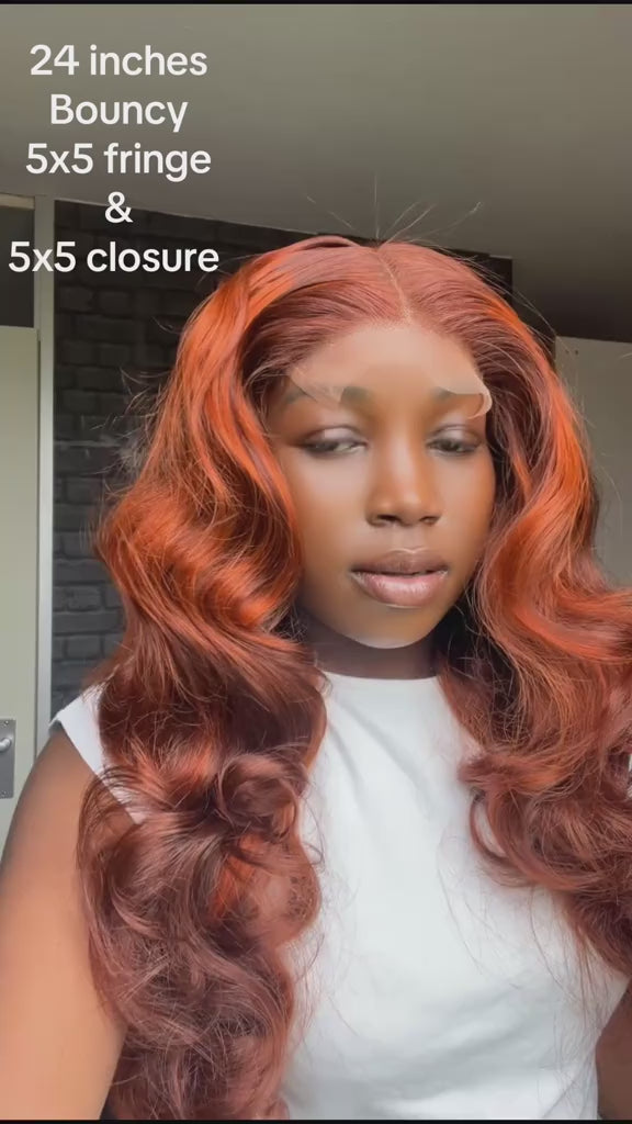24” Bouncy Wig – 5x5 Fringe & 5x5 HD Closure | Copper Brown |