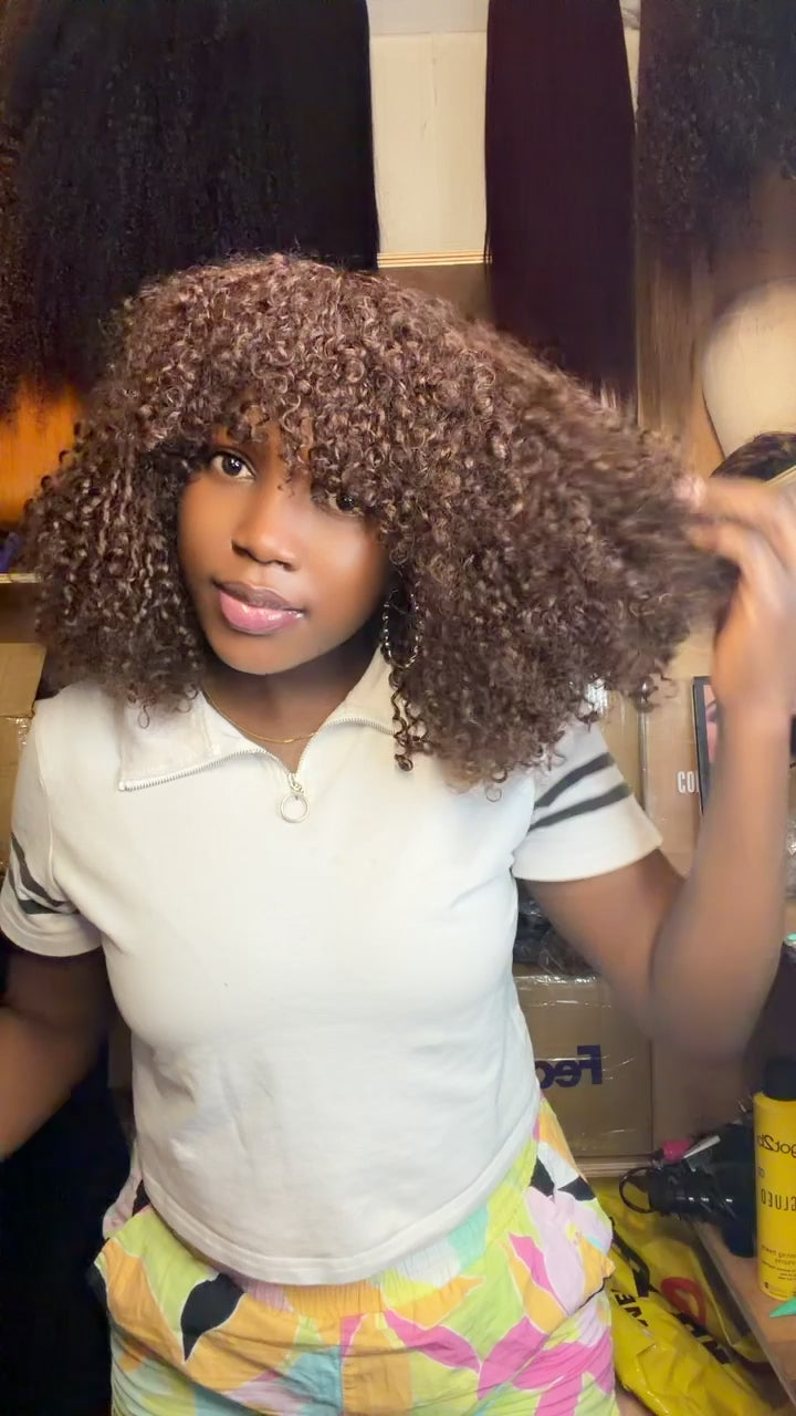 Chocolate Brown Curly Fringe Wig